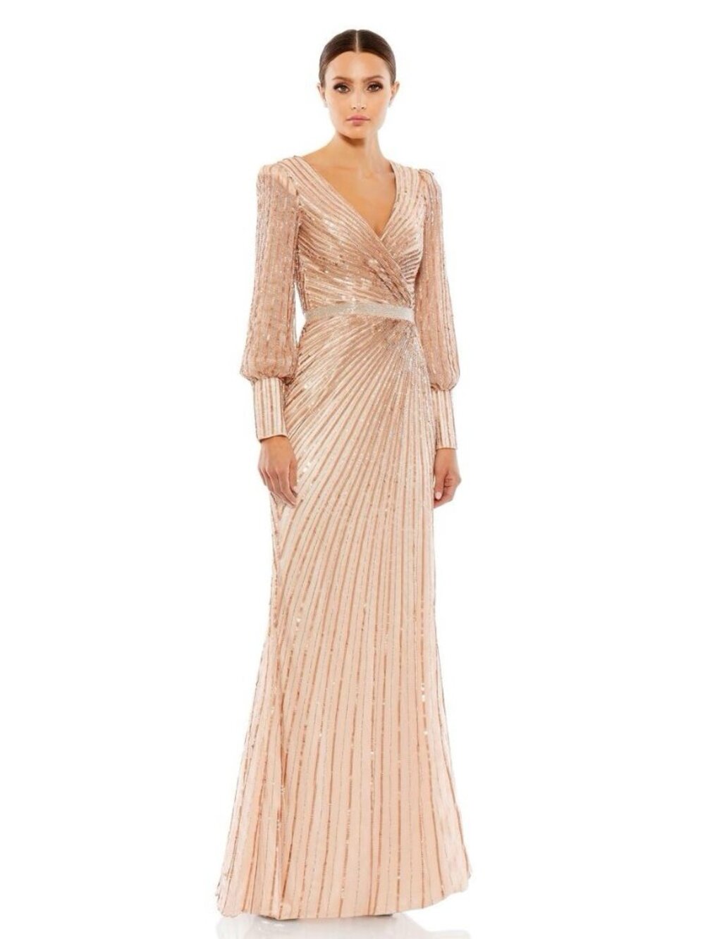 MAC DUGGAL 12 Copper 5501 SEQUINED WRAP OVER BISHOP SLEEVE COPPER GOWN Dress